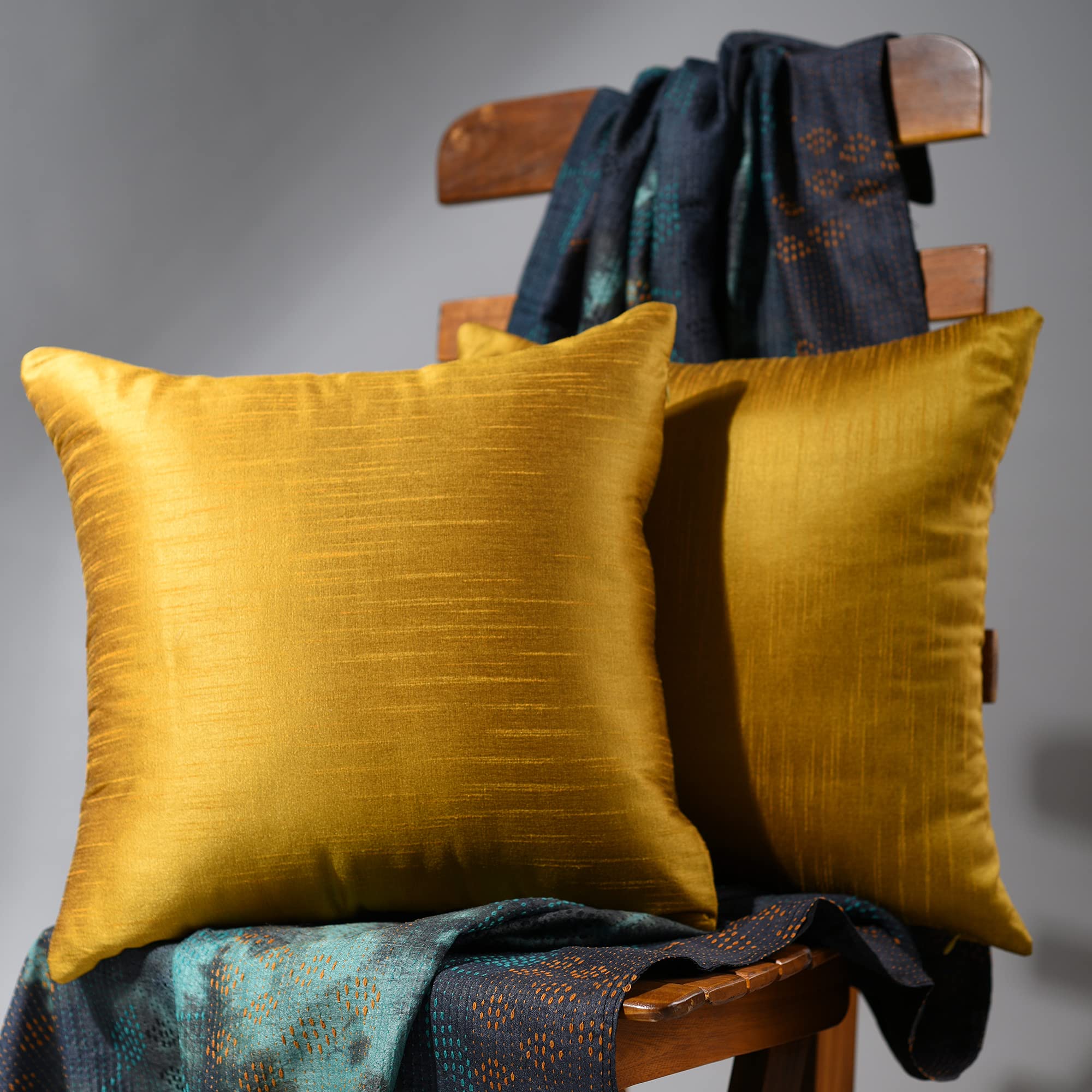 Boho Decorative Throw Pillow Set of 2 - 12x12 Silk Solid Pillow Covers for Couch, Sofa & Bed - Farmhouse Living Room Decor in Mustard Yellow | Perfect for Boho Chic Home, Cozy Reading Nook & Accent Pillows