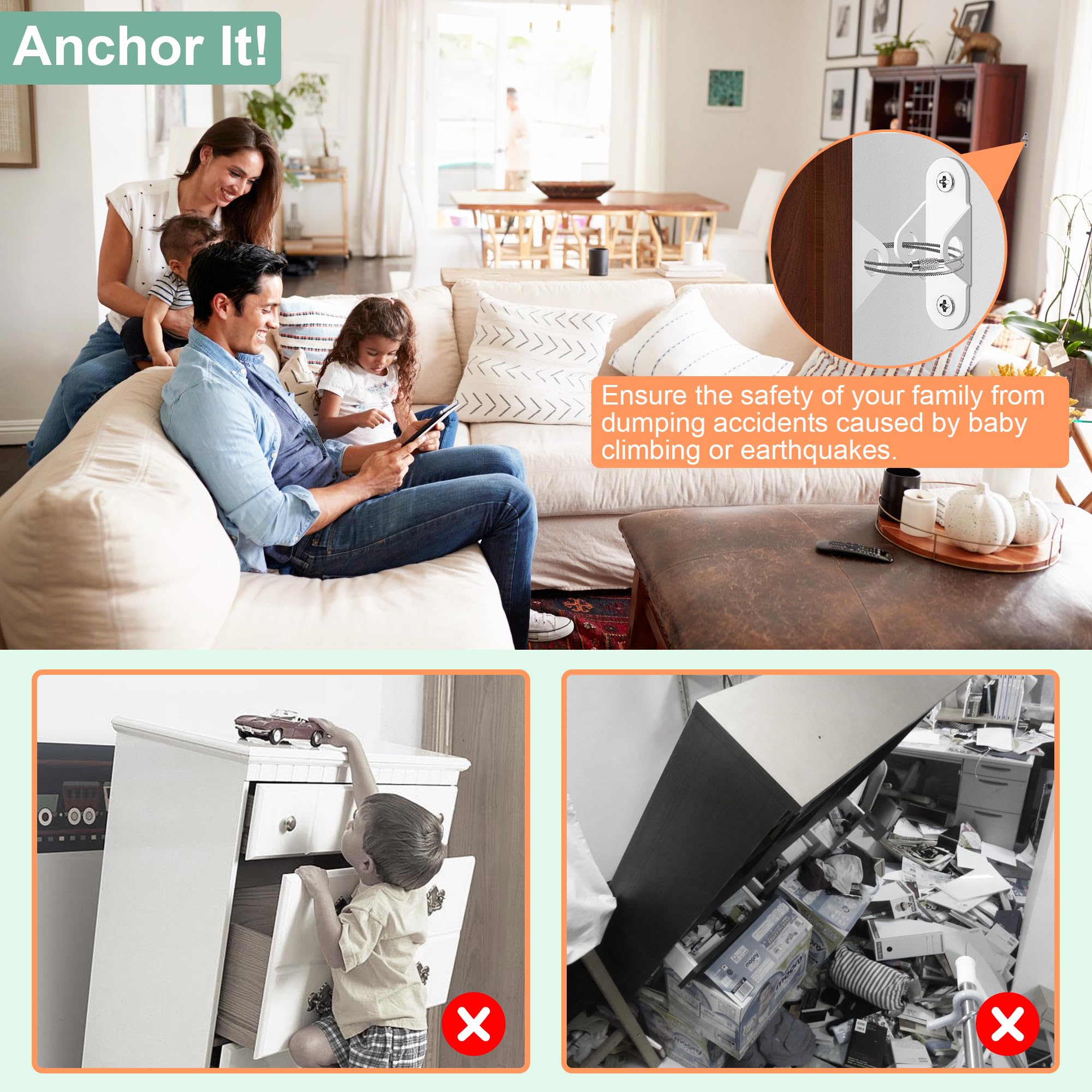 EastLink 10-Pack Baby Proofing Furniture Anchors - 400 LBS Heavy Duty Anti-Tip Straps for Earthquake & Child Safety - Metal Wall Anchors for Dressers, Bookshelves, TV Stands (White) - Perfect for Nursery, Living Room & Pet Safety