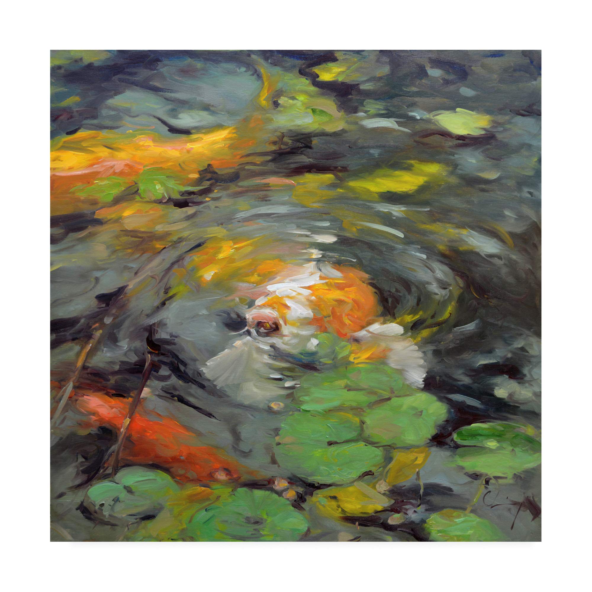 Golden Koi Swimming by Chuck Larivey - 18x18 Inch Premium Canvas Wall Art - Handmade Trademark Fine Art for Living Room, Bedroom & Office Decor