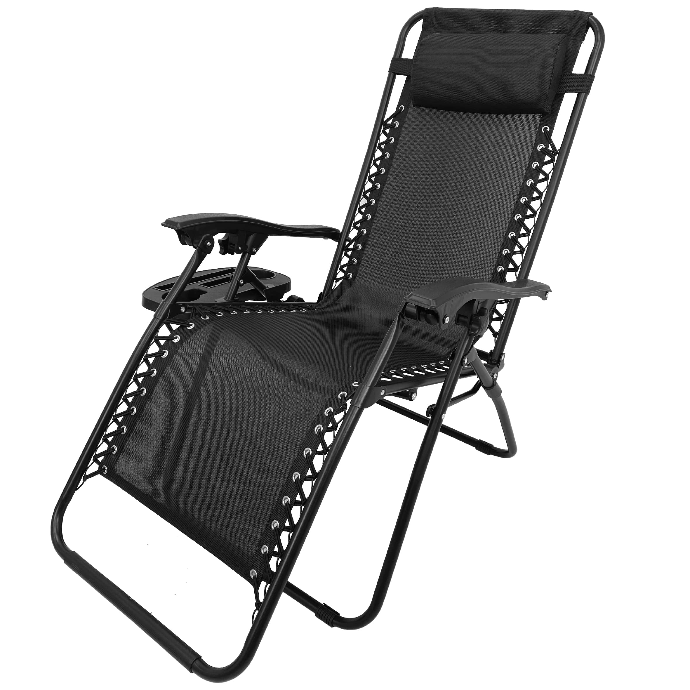 EasyGo Zero Gravity Lounge Chair with Pillow & Cup Holder - Adjustable Reclining Folding Outdoor Chair for Patio, Deck, Beach, Yard - 1 Pack Black - Perfect for Relaxing, Sunbathing & Outdoor Dining