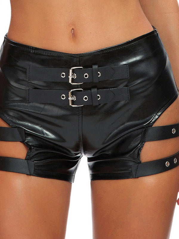 ZASUWA Women's Sexy Faux Leather Hollow Out Booty Shorts with Metal Accents - Perfect for Nightclubs, Parties and Date Nights