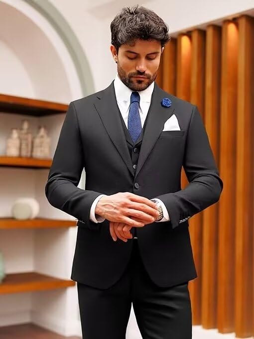 3 Piece Men's Formal Suit - Notch Lapel Tuxedo Set in Solid Colors for Wedding, Prom, Groomsmen & Business Events | Slim Fit Suit Jacket with Vest & Pants