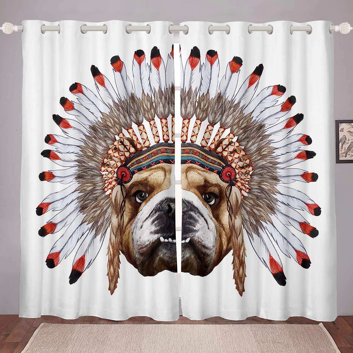 Cute Boho Feather Pattern Dog Curtains for Bedroom & Living Room - Funny Animal Theme Window Drapes for Kids, Teens & College Dorm Decor - 52 x 63 Inch, 2 Panels - Perfect for Pet Lovers & Boho Style Home Decor