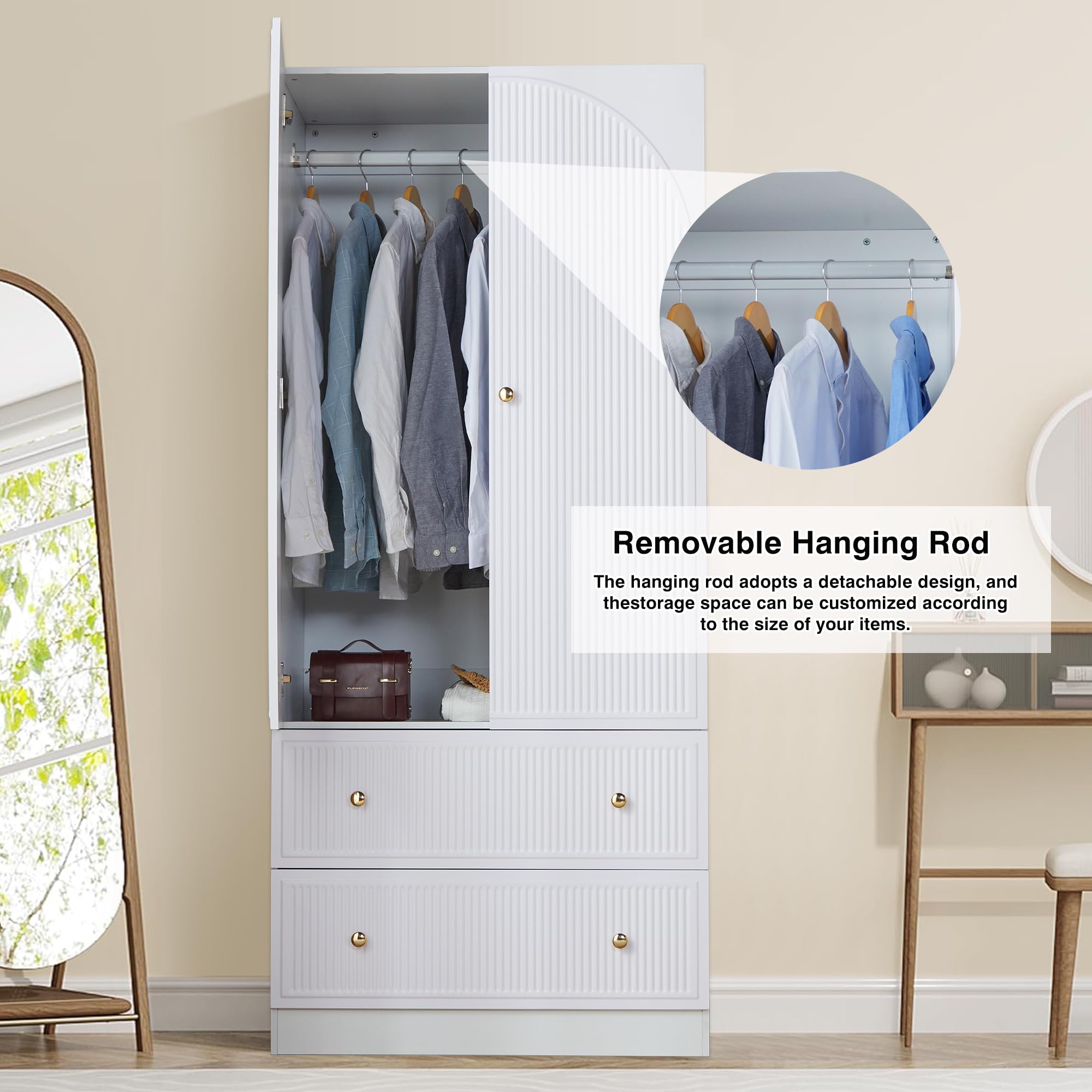 ORRD 2-Door Freestanding Armoire Wardrobe Closet - Large Capacity Wooden Storage Cabinet with 2 Drawers for Bedroom (White) | Perfect for Organizing Clothes, Shoes & Accessories in Small Spaces
