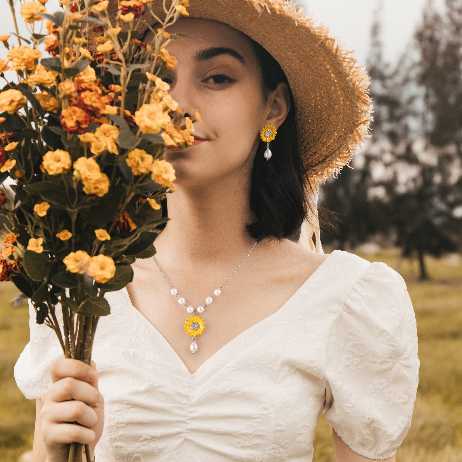 16K Gold Plated Sunflower Rose Drop Earrings for Women - Yellow CZ Pearl Daisy Stud Earrings Jewelry Gift for Birthday, Anniversary & Wedding | Perfect for Casual Wear, Office & Special Occasions
