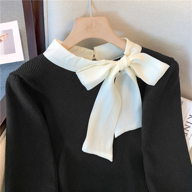 Elegant Black Patchwork Bow Collar Women's Knit Sweater - Korean Chic Slim Fit Long Sleeve Pullover Top for Office Ladies | Fall Winter Fashion | Perfect for Work, Dating & Casual Outings