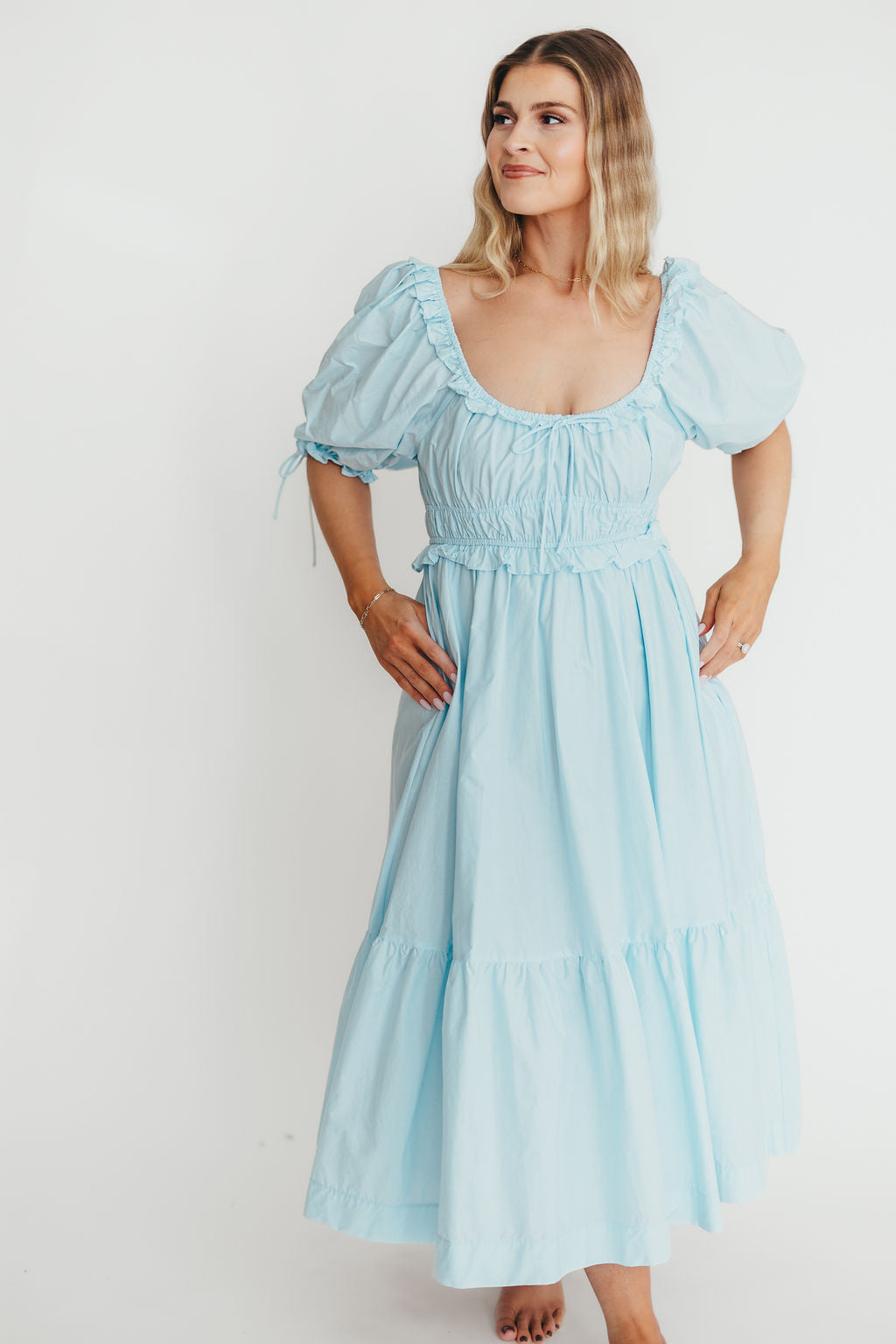 100% Cotton Crissy Ruched Midi Dress - Baby Blue Maternity Dress for Pregnancy | Bump Friendly & Comfortable | Perfect for Baby Showers, Maternity Photos & Everyday Wear