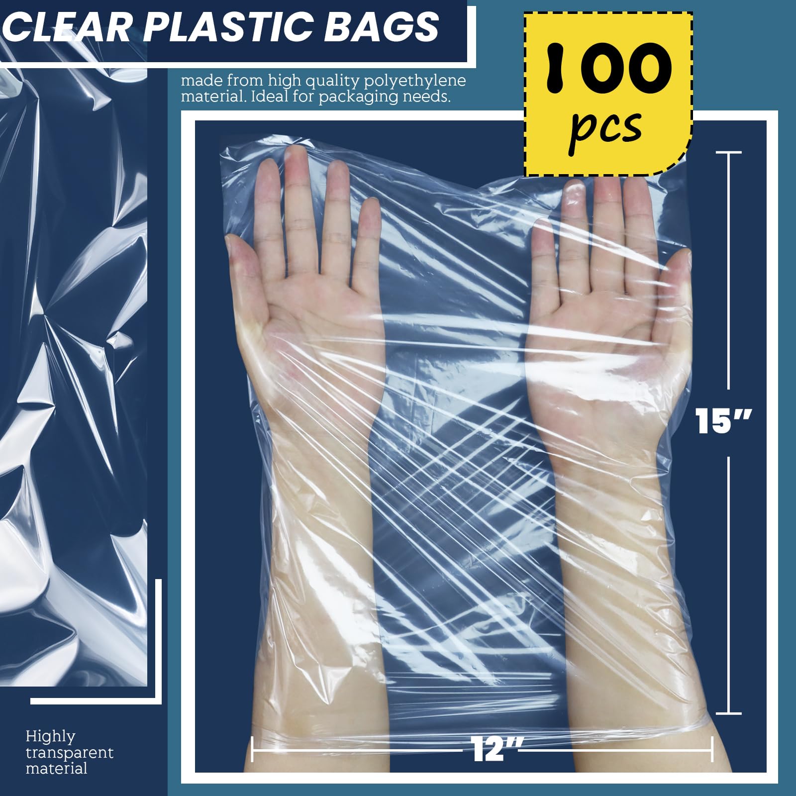 WFPLUS 100 Pack 12x15 Inch 1 Mil Clear Plastic Poly Bags - Food Safe, Bread & Dough Storage, Clothing Merchandise Packaging, Gift Bags for Retail & Home Organization