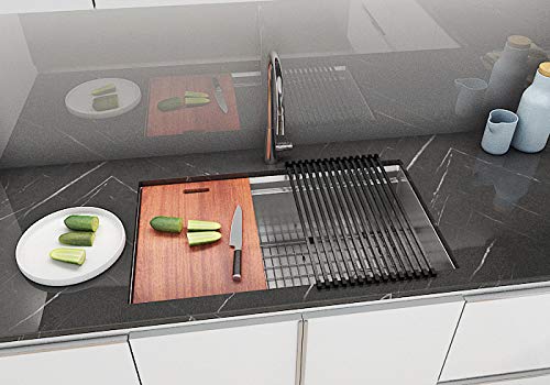 KINGSMAN 32-Inch 16-Gauge Undermount Single Bowl Stainless Steel Kitchen Sink with Built-in Ledge & Accessories - Brushed Nickel Finish | All-in-One Workstation for Modern Kitchens | Perfect for Meal Prep, Dishwashing & Entertaining Guests