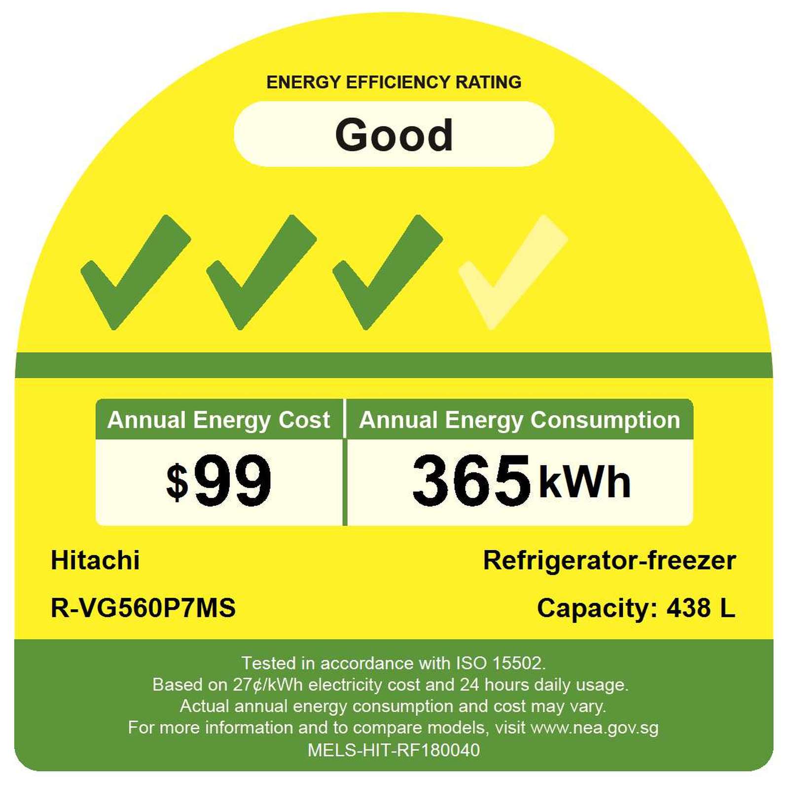 Hitachi 438L 2 Door Refrigerator RVG560P7MSGBK - Energy Efficient Fridge for Home, Kitchen & RV Use