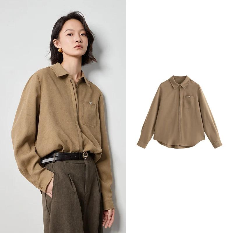 Women's Beige Workwear Blouse - Soft Brushed Long Sleeve Office Shirt with Turn Down Collar | Professional Business Attire for Autumn & Winter | Perfect for Office, Meetings & Formal Events