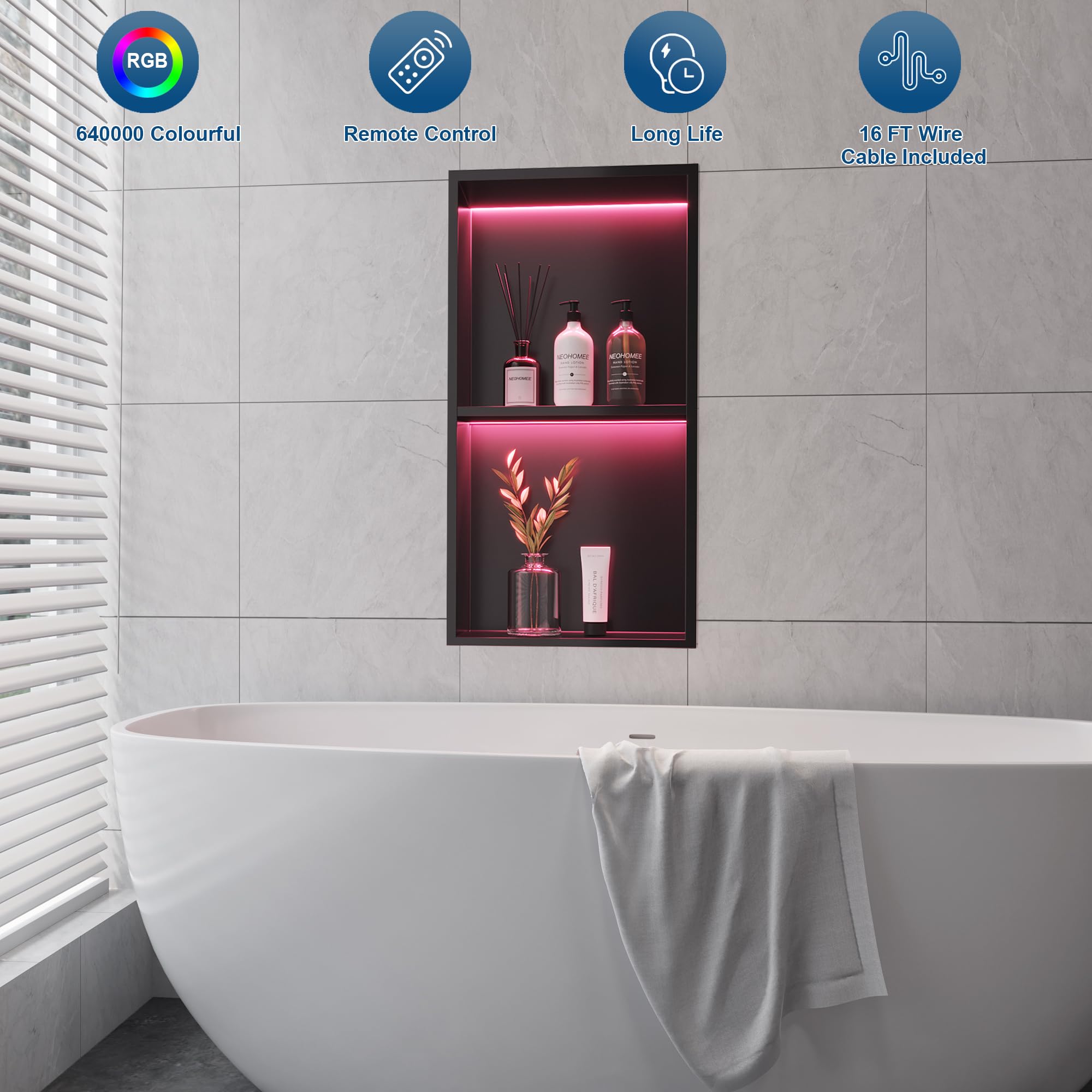 2-Tier 12x24 Inch Wall Niche with RGB LED Light Strips - Matte Black Waterproof Shower Storage Cabinet - Stainless Steel Bathroom Shelf Organizer - No Tile Needed Recessed Niche for Shampoo, Soap & Towel Storage - Perfect for Modern Bathroom & Spa Decor
