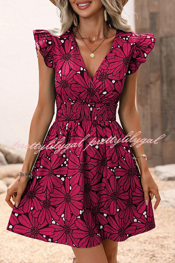 Floral Print Ruffle Sleeve Mini Dress with Elastic Waist - Perfect for Weekend Outings, Brunch Dates & Summer Vacations