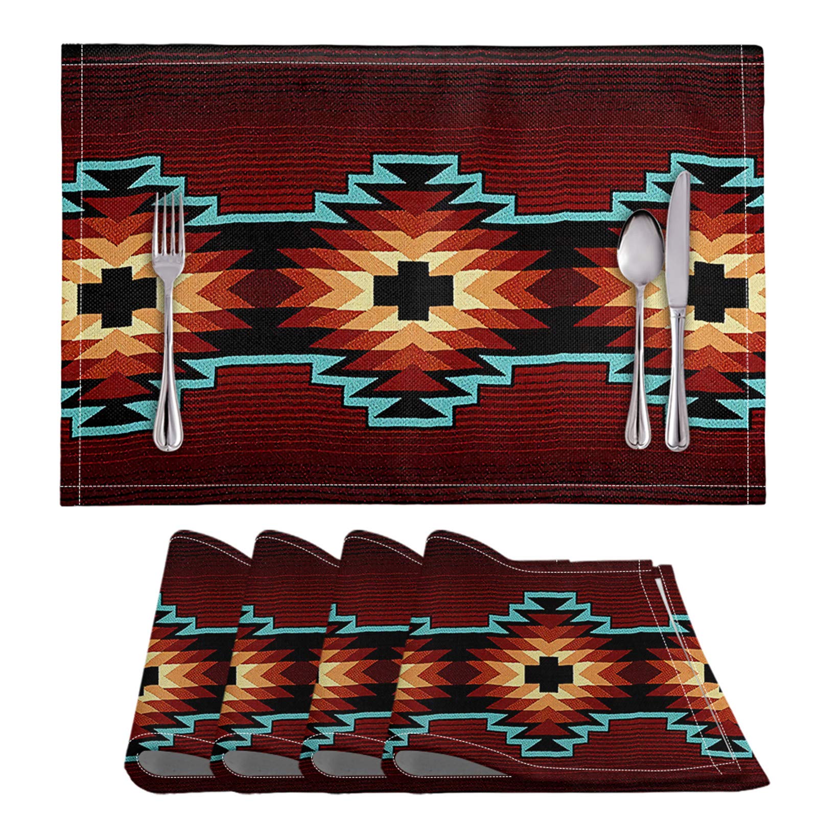SEANATIVE Aztec Tribal Design Placemats Set of 4 - Heat & Stain Resistant, Non-Slip PVC Table Mats for Kitchen & Dining Room - Washable, Durable Woven Vinyl Placemats for Everyday Meals, Parties & Home Decor