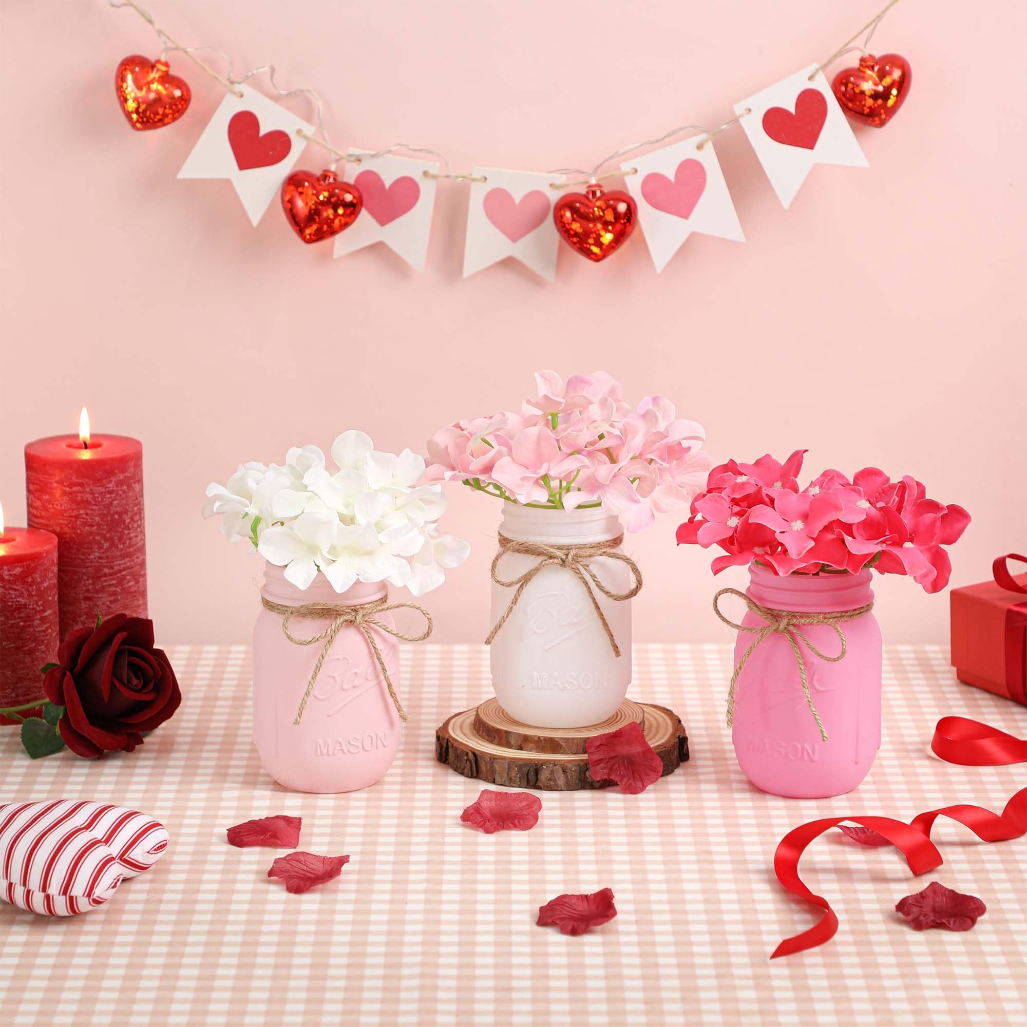 Valentine's Day Mason Jar Centerpiece with Wood Tray - Pink Painted Decorative Jars for Table, Kitchen & Home Decor - Romantic Valentine's Gift for Women - Perfect for Dinner Parties, Weddings & Anniversary Celebrations