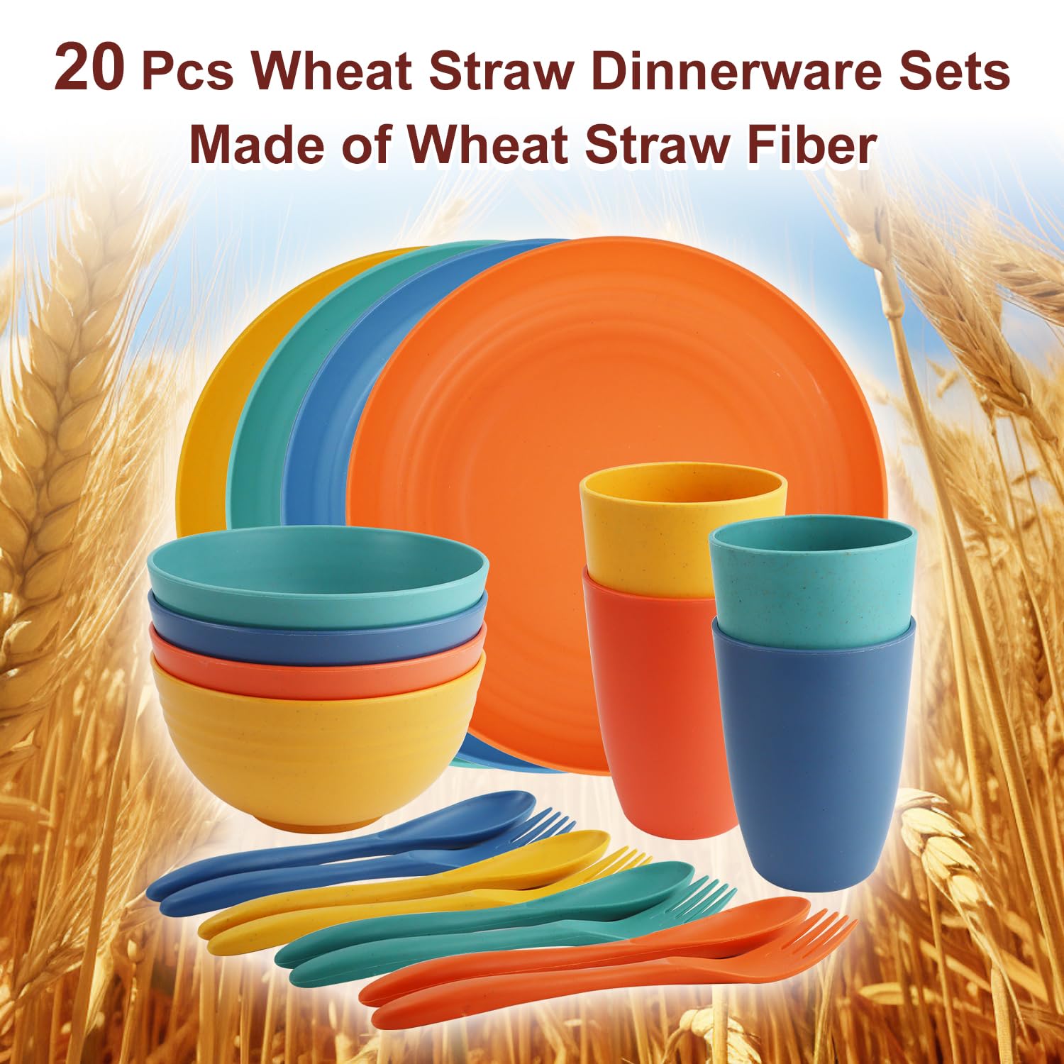 20-Piece Eco-Friendly Wheat Straw Dinnerware Set - Unbreakable Plates & Bowls, Reusable Plastic-Free Alternative - Microwave & Dishwasher Safe - Perfect for Camping, Picnics & Family Dinners (4-Person Set, Multicolor) - Ideal for Outdoor Adventures, Sustainable Living & Everyday Use