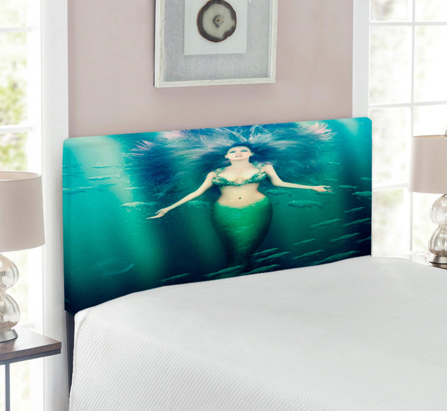 Ambesonne Mermaid Headboard - Twin Size Upholstered Metal Bed Frame with Memory Foam, Underwater Fantasy Design Featuring Mermaid & Fish in Sunbeams (Green Aqua Purple) - Perfect for Kids' Bedrooms, Beach Themed Decor & Fantasy Room Design