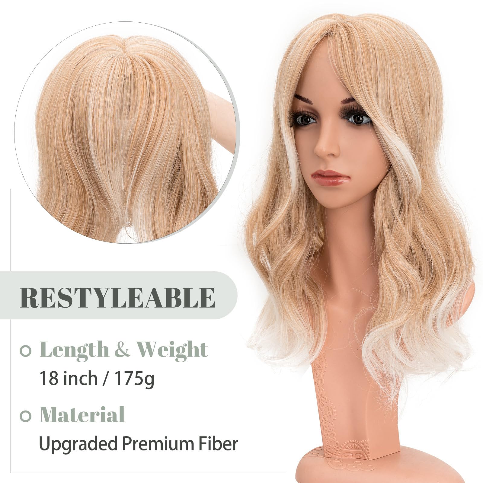 18 Inch Synthetic Hair Topper with Bangs - Natural Looking Hairpiece for Thinning Hair - Perfect for Daily Wear, Cosplay & Special Occasions