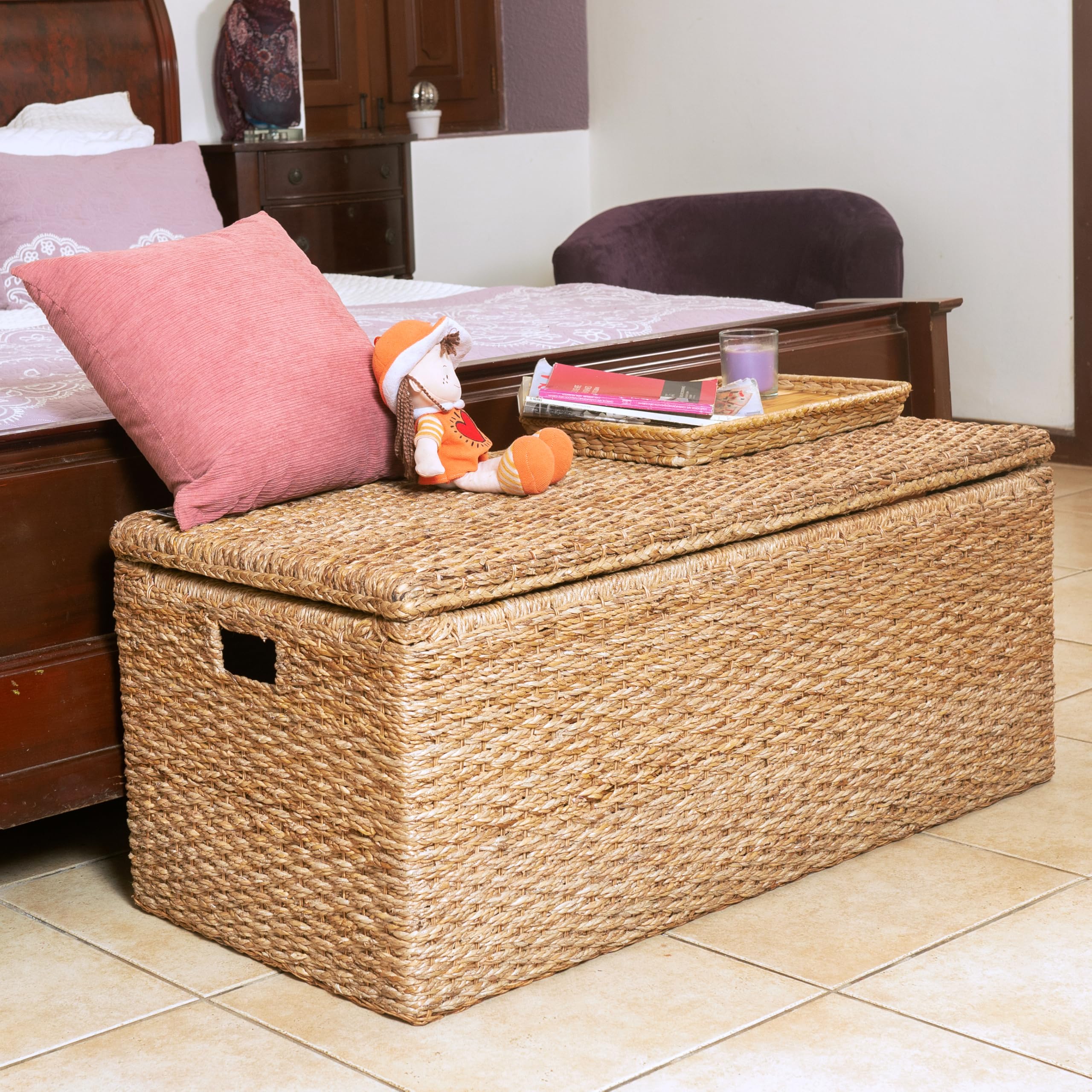 Extra Large Wicker Storage Bench with Lid - Rattan Ottoman Coffee Table, Seagrass Toy Box & Bedside Organizer | Handwoven for Living Room, Bedroom & Nursery Storage Solutions