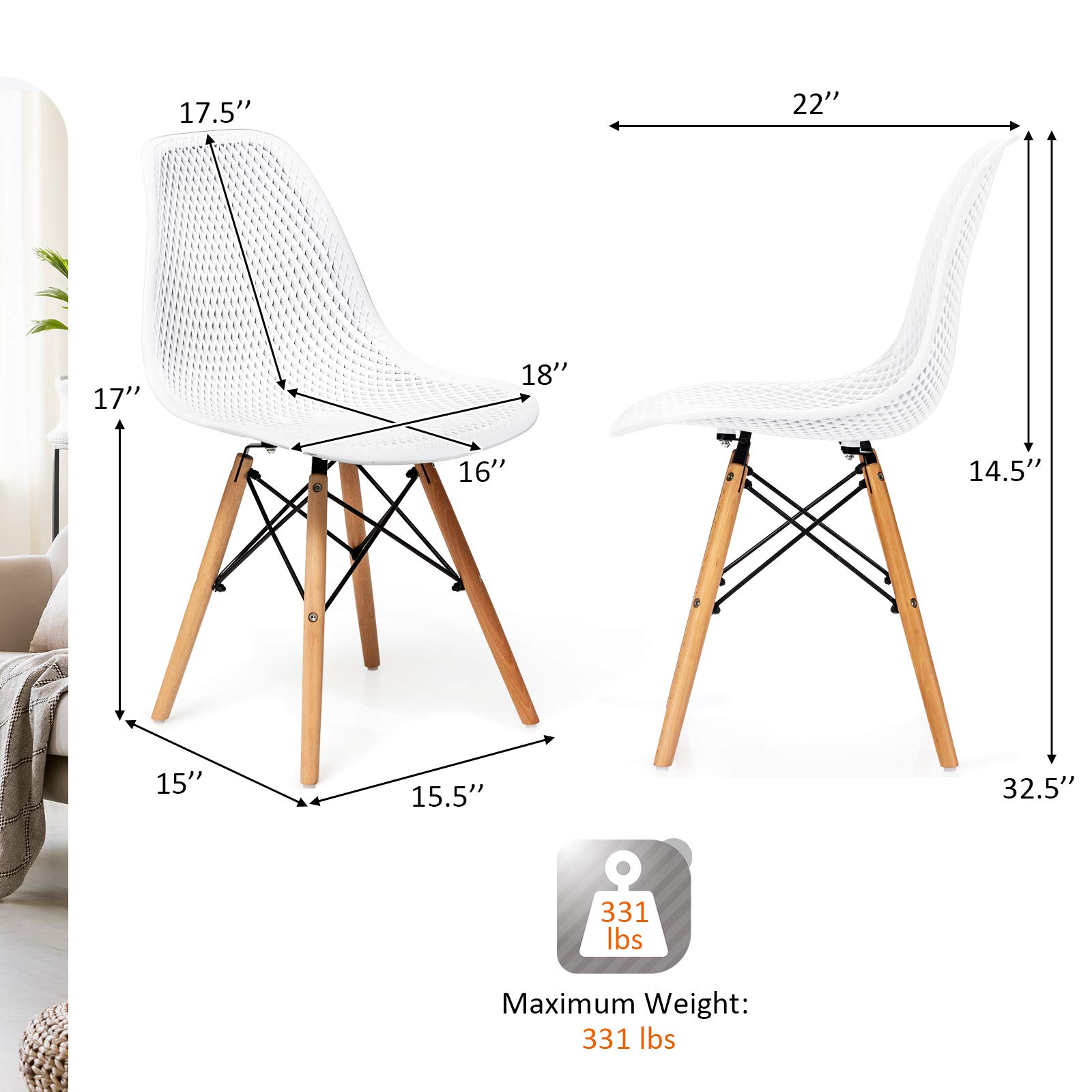 Giantex Set of 2 Modern Dining Chairs - Indoor/Outdoor Shell PP Lounge Side Chairs with Breathable Mesh Design & Sturdy Beech Wood Legs - White Tulip Leisure Chairs for Kitchen, Dining Room, Patio, Garden, and Cafe