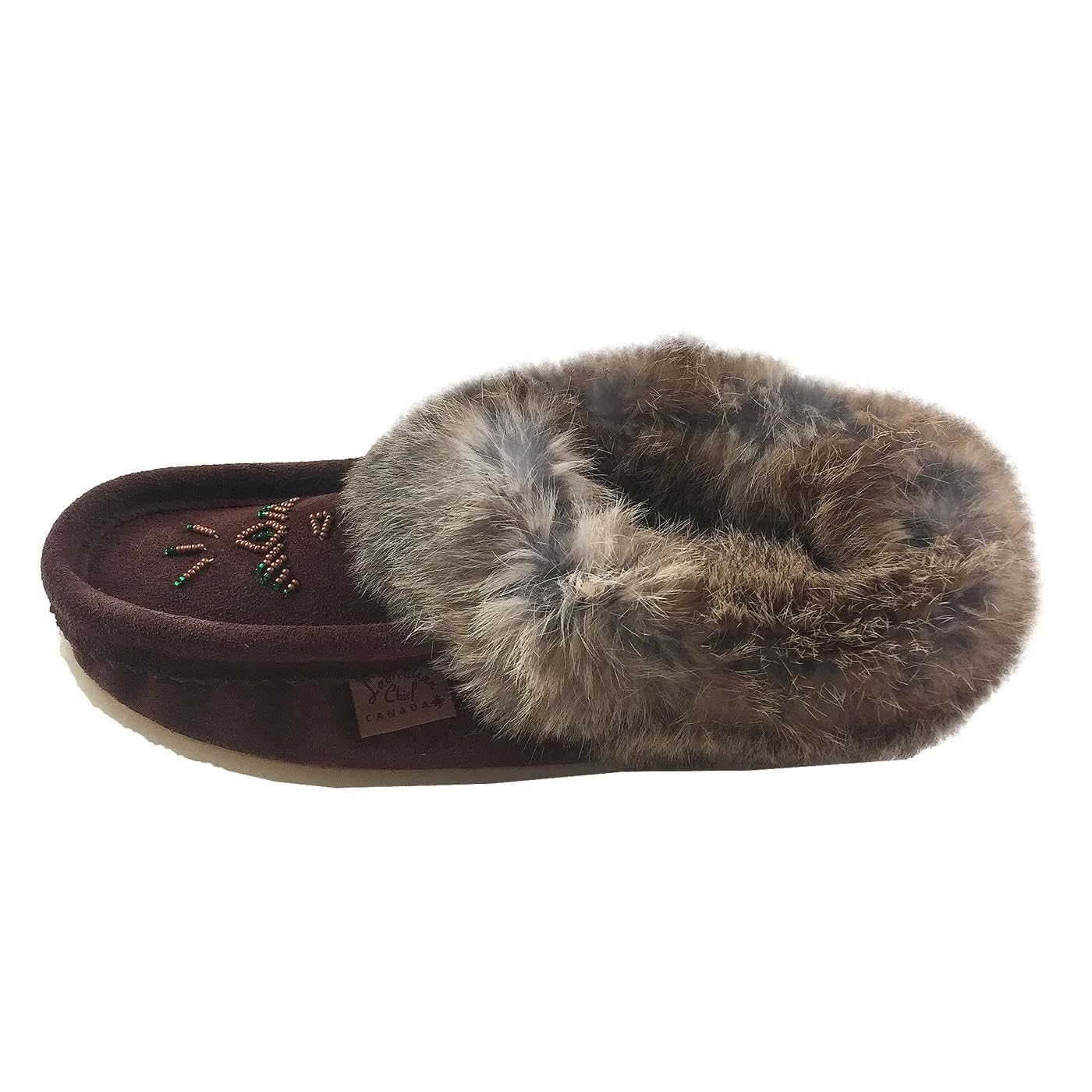 Laurentian Chief Women's Moccasin Slippers with Real Rabbit Fur & Fleece Lining - Warm Beaded House Shoes for Indoor/Outdoor Wear - Cozy Winter Footwear for Home, Office and Casual Outings