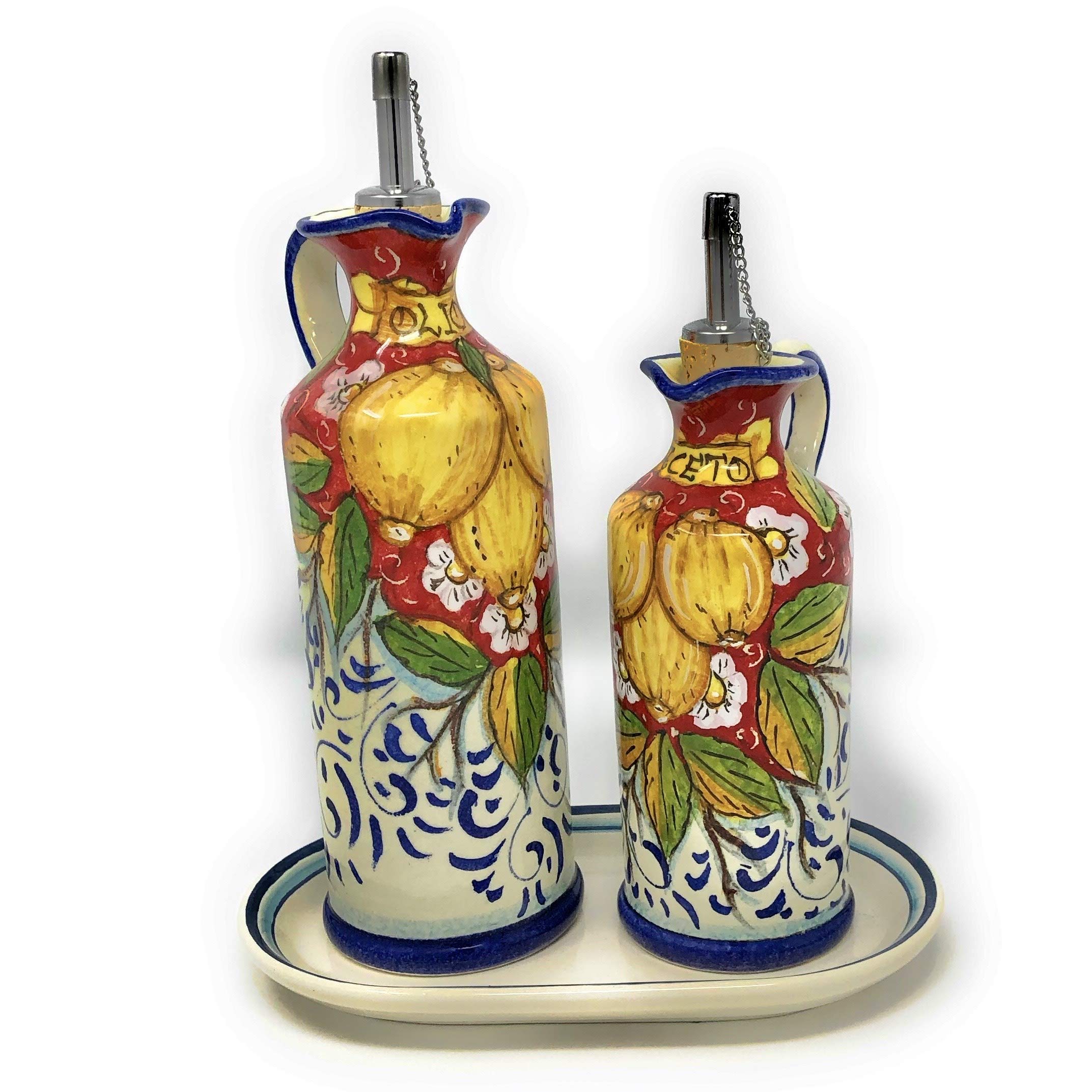 Italian Hand-Painted Ceramic Oil and Vinegar Cruet Set with Lemon Design - Tuscan Style Kitchen Decor for Olive Oil Dispenser & Vinegar Bottle - Perfect for Italian Cooking, Dining Table Centerpiece, and Gift Idea