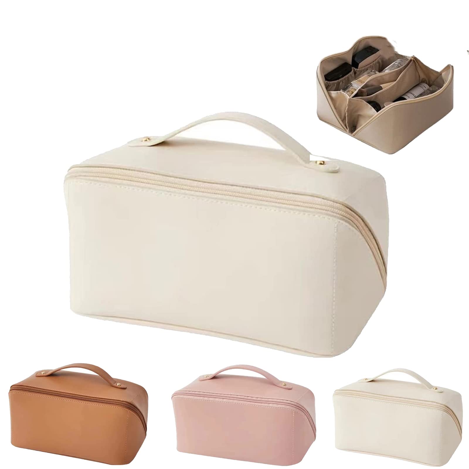 Large Capacity Double Layer Travel Makeup Bag - Waterproof Cosmetic Organizer for Toiletries & Cosmetics - Perfect for Travel, Gym, and Daily Use (White)