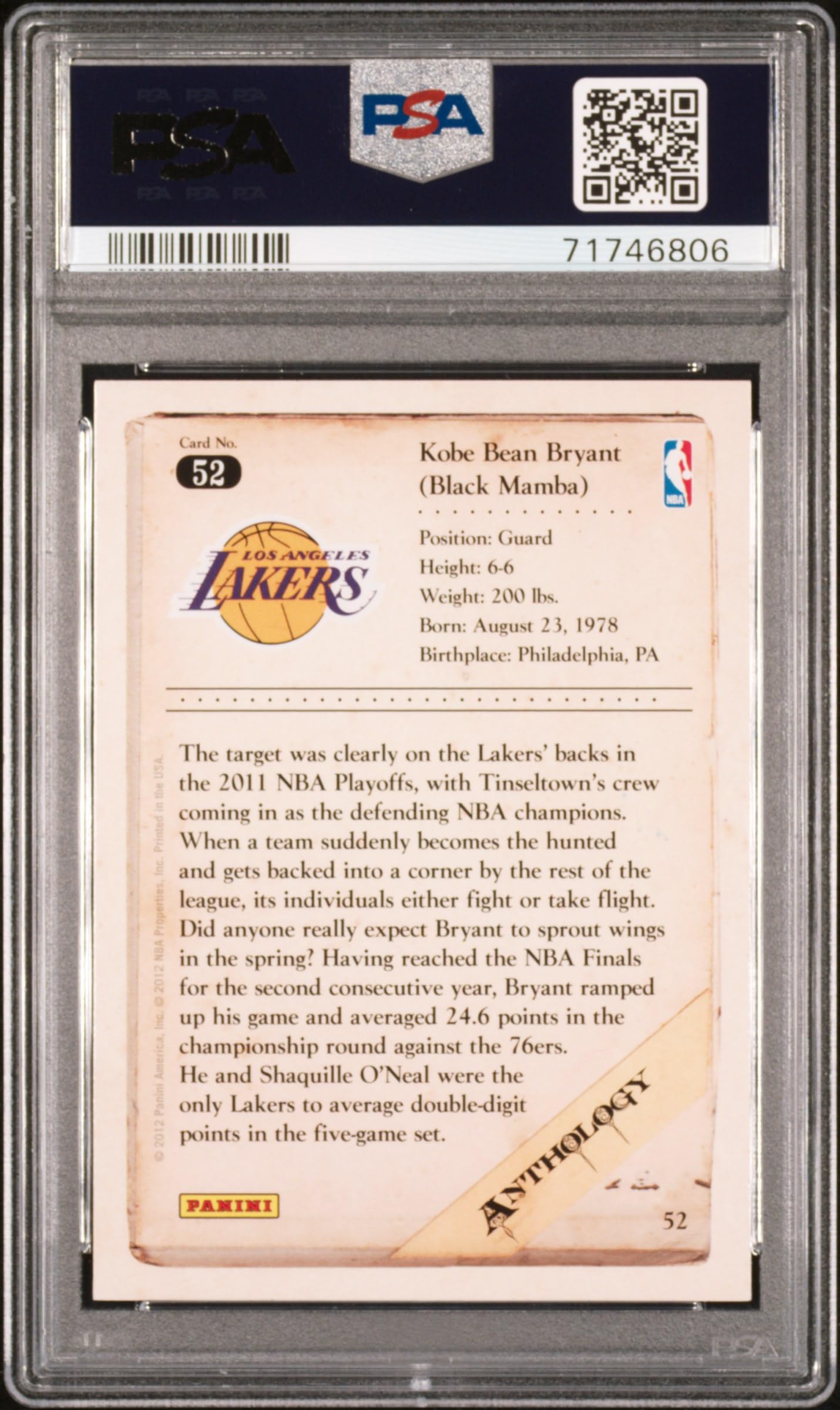 Kobe Bryant 2012 Panini Anthology Basketball Card #52 PSA 10 Gem Mint - Rare Collectible for NBA Memorabilia & Sports Card Investors