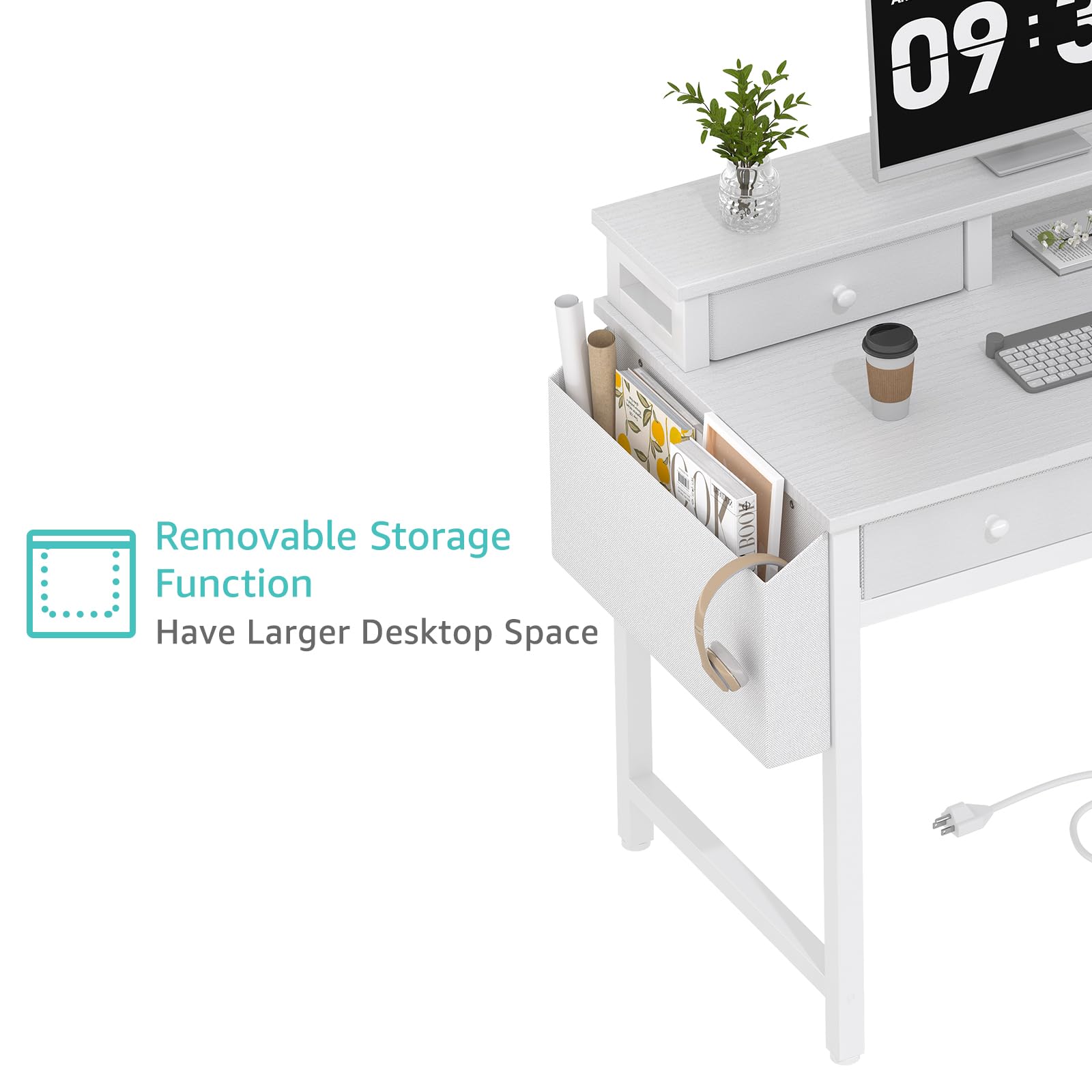 White 40-inch Computer Desk with Fabric Drawers & Power Outlet - Home Office Desk, Vanity Makeup Table with Storage for Bedroom, Study Writing Desk with Monitor Stand - Perfect for Remote Work, Gaming Setup & Beauty Station