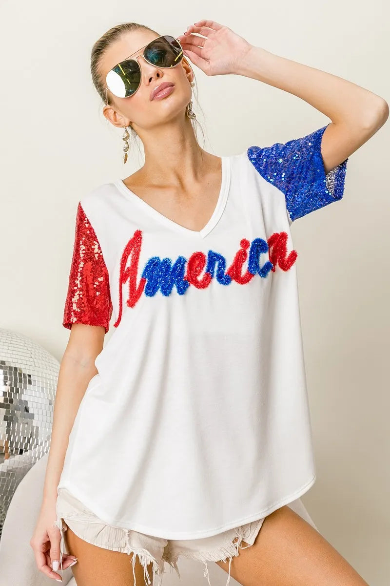 BiBi Metallic Letter V-Neck Sequin Sleeves Top for Women | Party Wear, Club Outfit, Evening Dress, Special Occasion Fashion