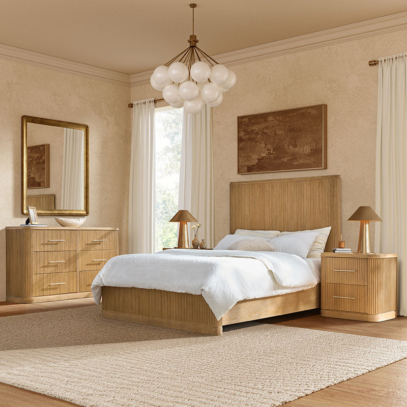 Modern Fluted Solid Wood Bedroom Set with Oak Texture - 4 Piece Bed Frame, Nightstand, Dresser & Mirror for Cozy Master Bedroom Decor