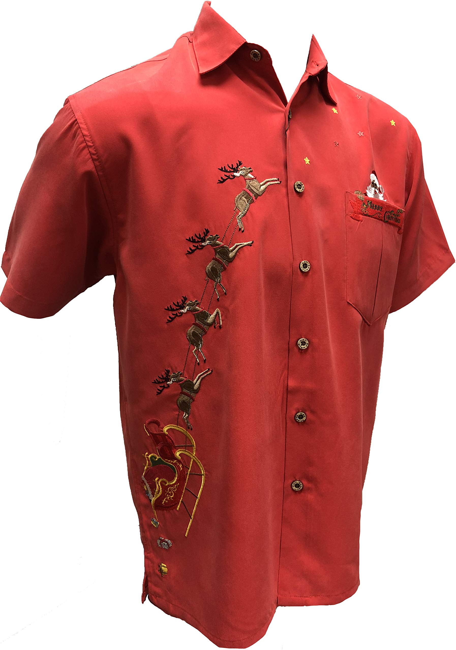 Bamboo Cay Men's Peekaboo Santa Embroidered Hawaiian Shirt - Christmas Party, Holiday Vacation & Festive Casual Wear