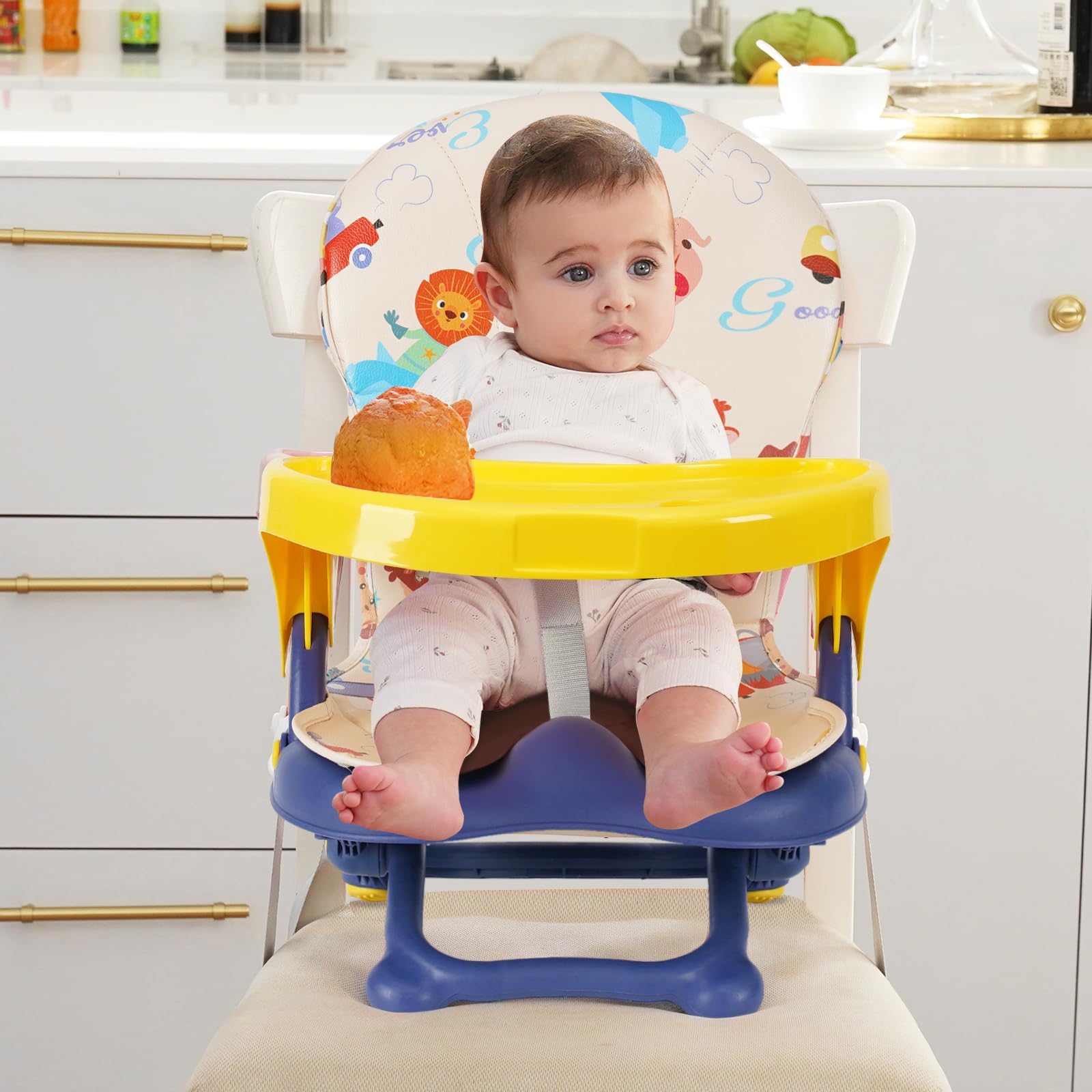 Portable High Chair for Babies & Toddlers - Adjustable Height Travel Booster Seat with Removable Tray, Foldable Compact Baby Feeding Chair for Home, Restaurant & Outdoor Use