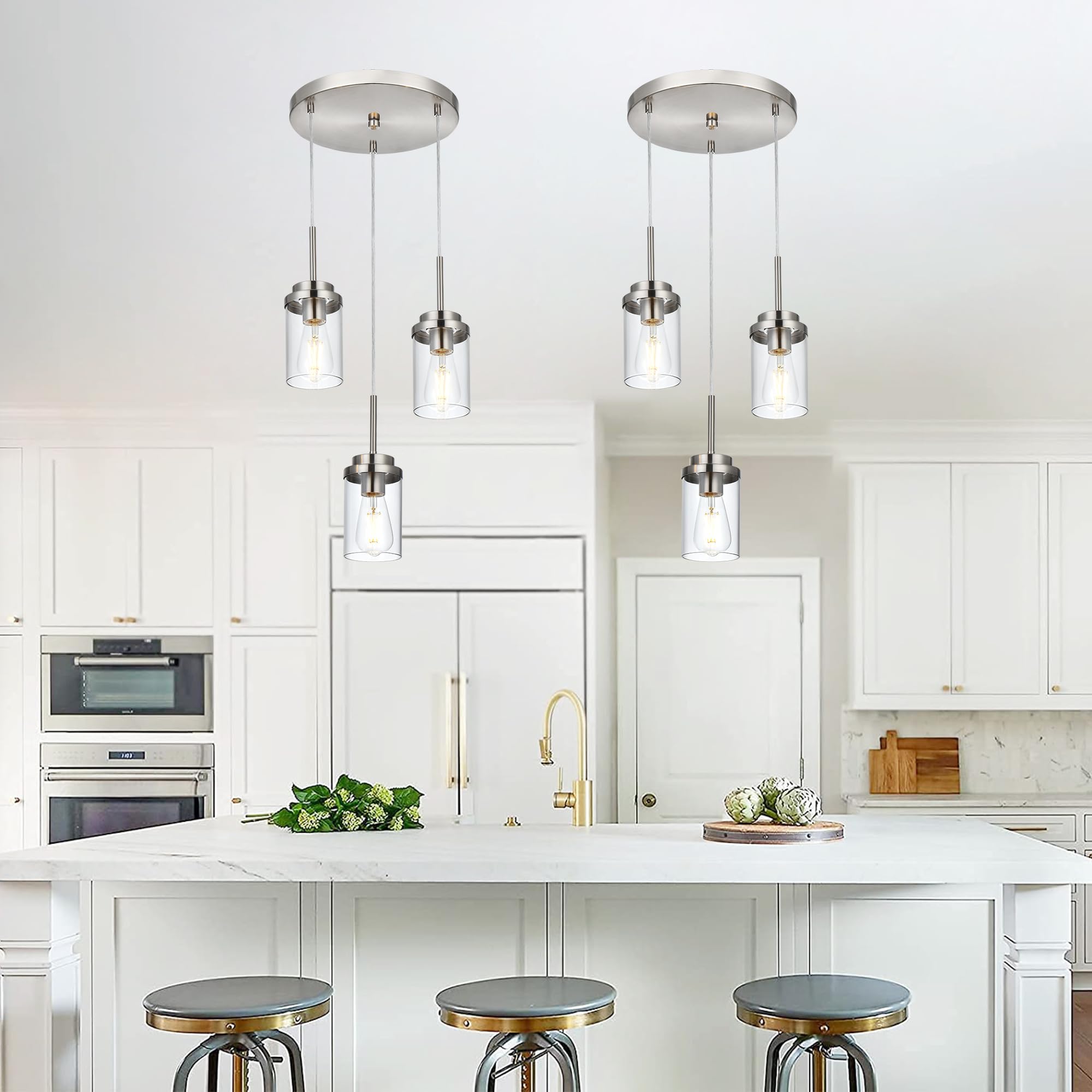 MELUCEE 3-Light Modern Chandelier for Dining Room & Kitchen Island - Brushed Nickel Finish, Adjustable Hanging Pendant Light with Clear Glass Shade - Perfect for Farmhouse, Contemporary & Transitional Home Decor