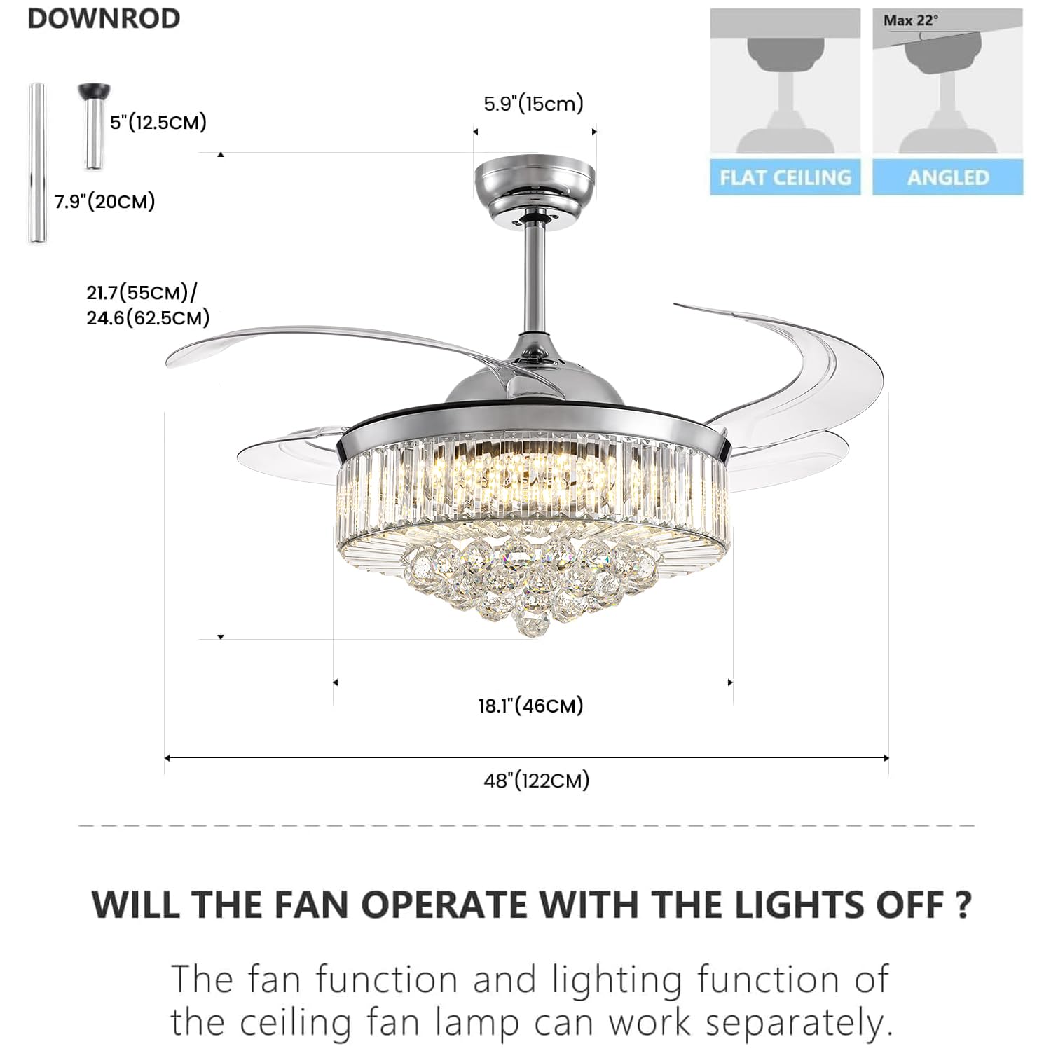 NOXARTE 48 Inch Crystal Chandelier Ceiling Fan with Light - Retractable Blades, Remote Control, Dimmable LED - Perfect for Bedroom, Living Room, Dining Room & Home Decor