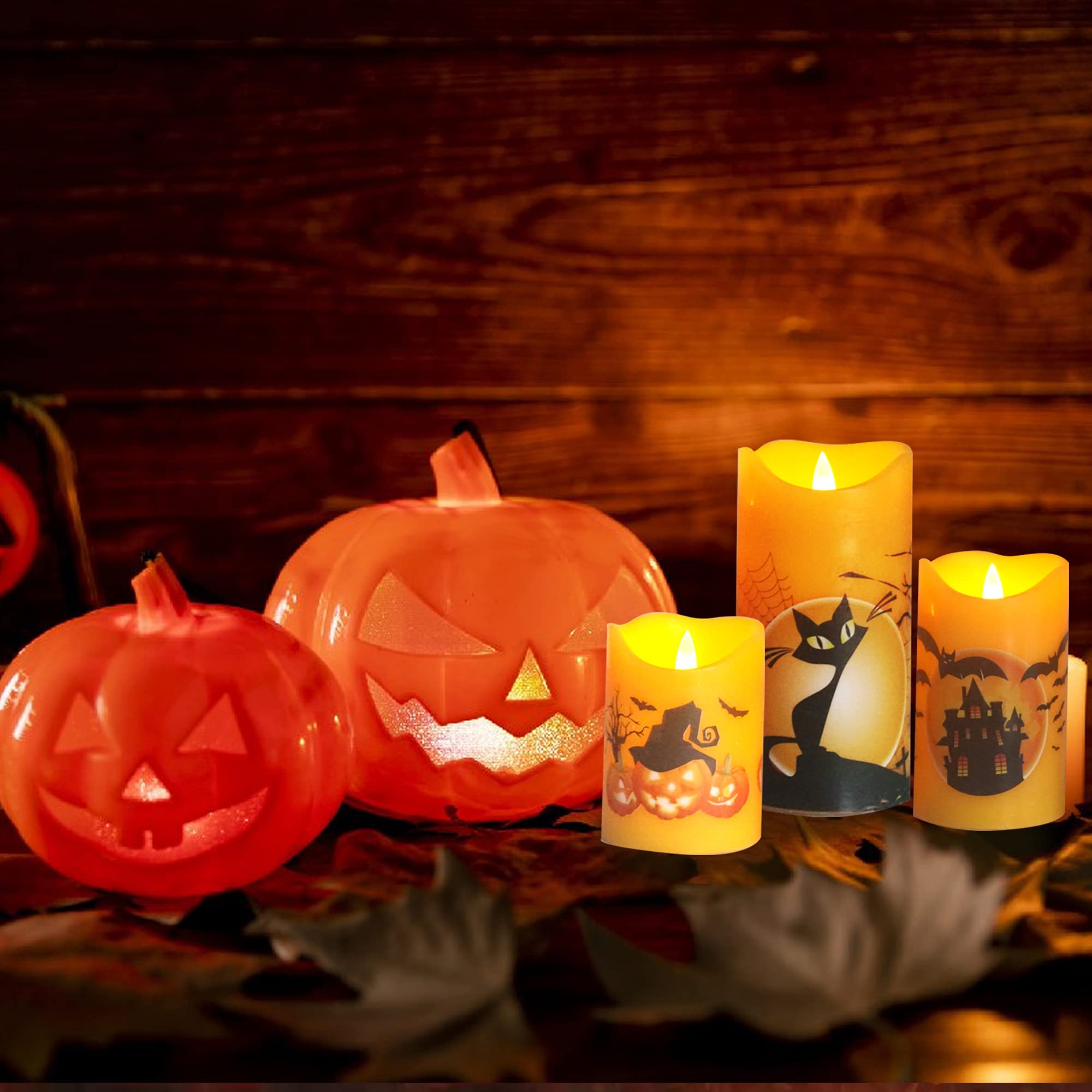 Real Wax Flameless LED Candles with Remote & Timer - Halloween Themed Battery Operated Pillar Candles with Realistic Flickering Effect (3-Pack) - Perfect for Halloween Party Decorations, Home Haunt Displays & Spooky Ambiance Lighting