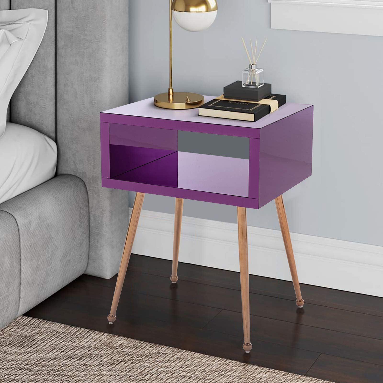 Modern Acrylic Mirrored Nightstand with Gold Metal Legs - Elegant Bedside Table for Bedroom & Living Room - Purple Accent Side Table - Perfect for Home Decor, Guest Rooms & Stylish Interiors