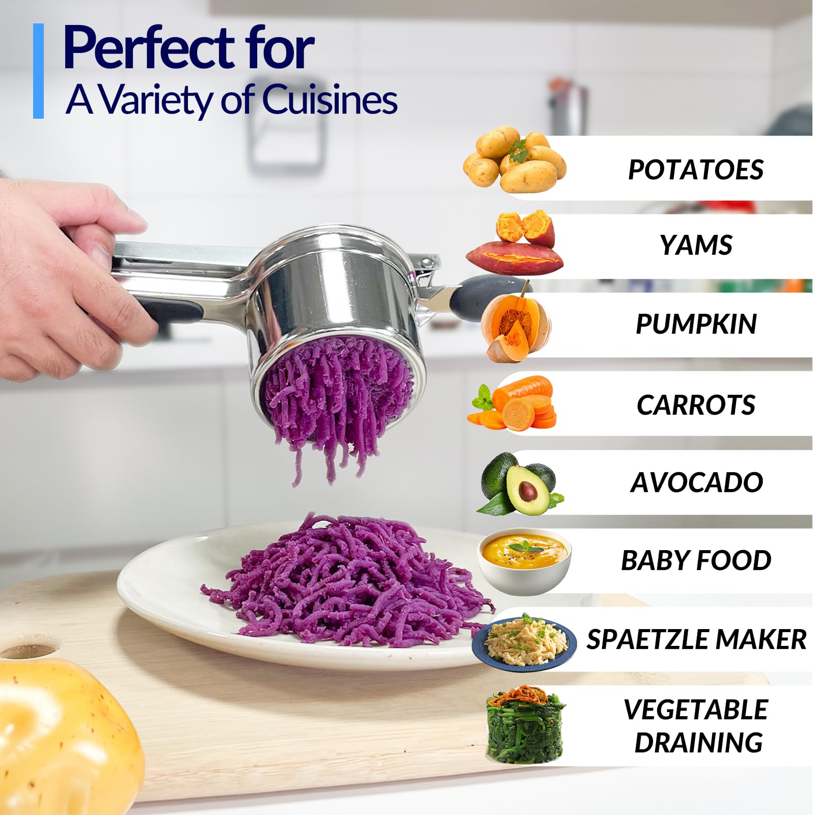 SPEENSUN Stainless Steel Potato Ricer & Masher - 15oz Heavy Duty with 2 Interchangeable Cups - Perfect for Fluffy Mashed Potatoes, Baby Food & Spaetzle Making - Ideal for Home Cooking, Restaurants & Meal Prep