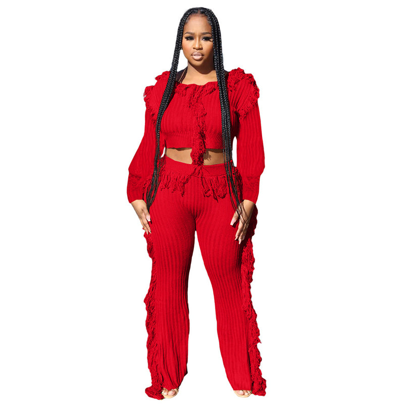 Solid Color Knitted Long Sleeve Fringe Suit for Women - Cozy Winter Outfit, Casual Office Wear & Holiday Party Fashion