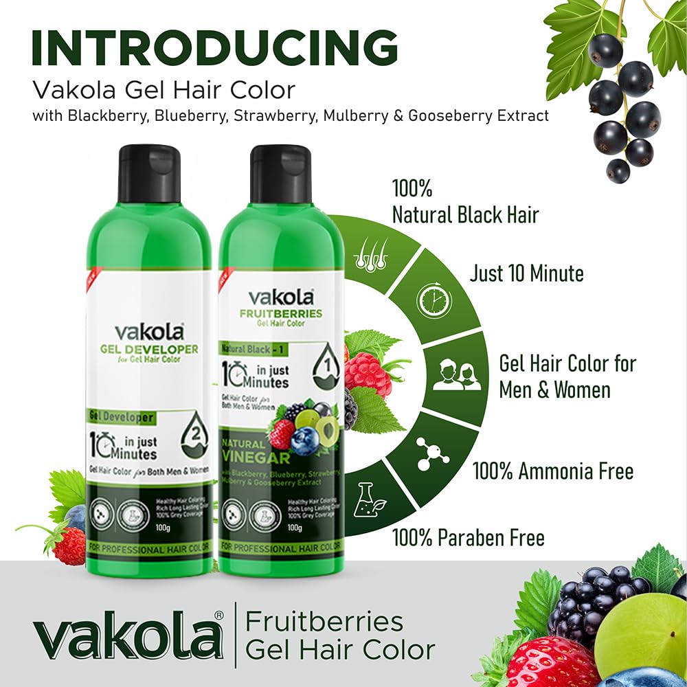 Vakola Natural Black Long Lasting Fruitberries Hair Color Gel with Vinegar Extract - Professional Hair Dye for Men & Women (100ml x 2 Pack: Black Gel + Developer) - Perfect for At-Home Hair Coloring & Salon-Quality Results