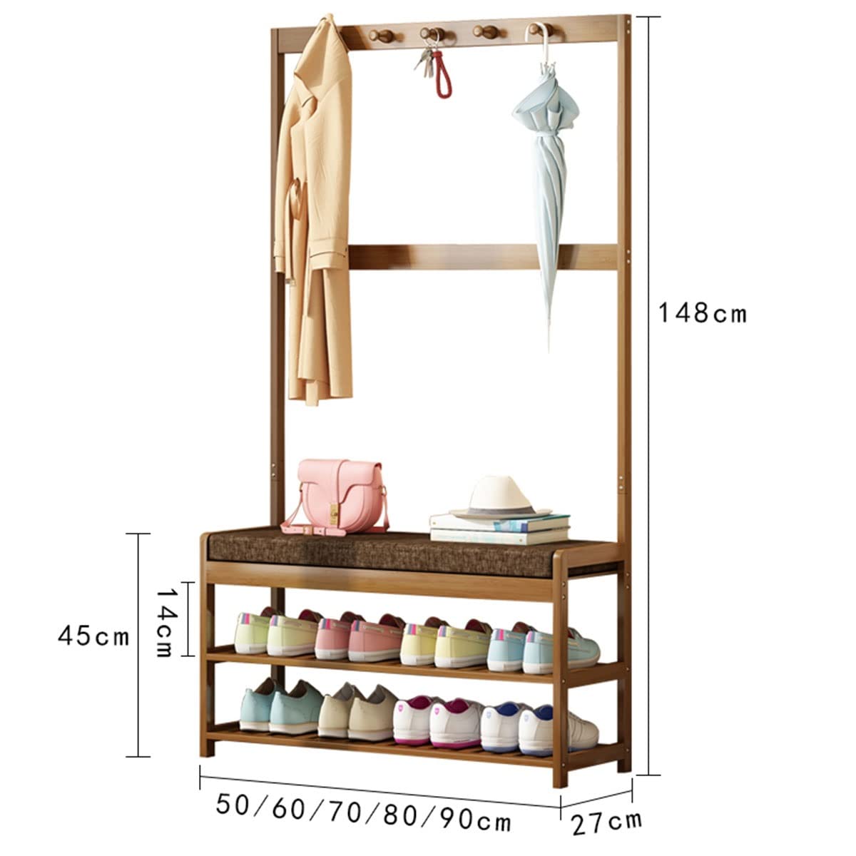 OTBK 3-in-1 Bamboo Entryway Organizer - 90cm Hall Tree Bench with Coat Rack & Shoe Storage | Perfect for Small Spaces, Mudrooms & Apartment Entryways