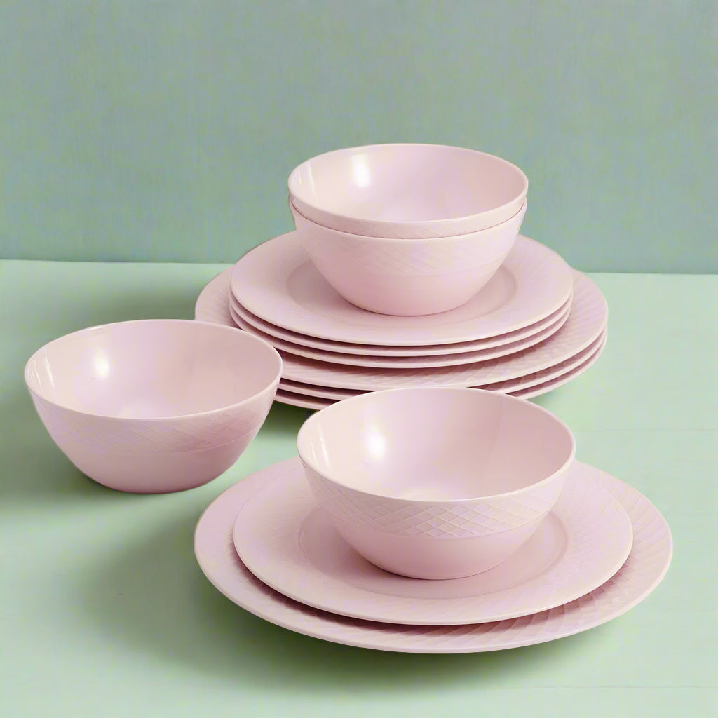 Trellis Pink 12-Piece Dinnerware Set - Service for 4 People - Elegant Porcelain Plates, Bowls & Mugs - Perfect for Family Dinners, Parties & Everyday Use