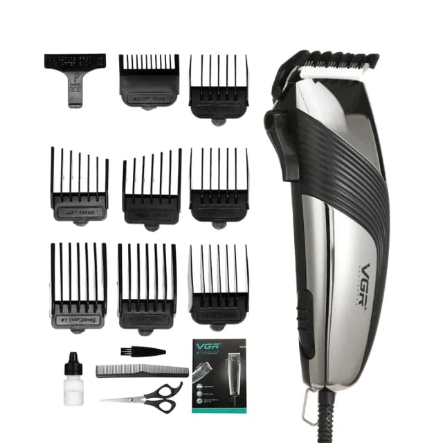 VGR V-121 Professional Hair Clipper for Men - Self-Sharpening Blades, 8 Guide Combs, Scissors & Comb Included - Adjustable Taper Lever for Precision Haircuts - Corded Electric Clipper (Black) - Perfect for Home Barbering, Salon Styling & DIY Haircuts