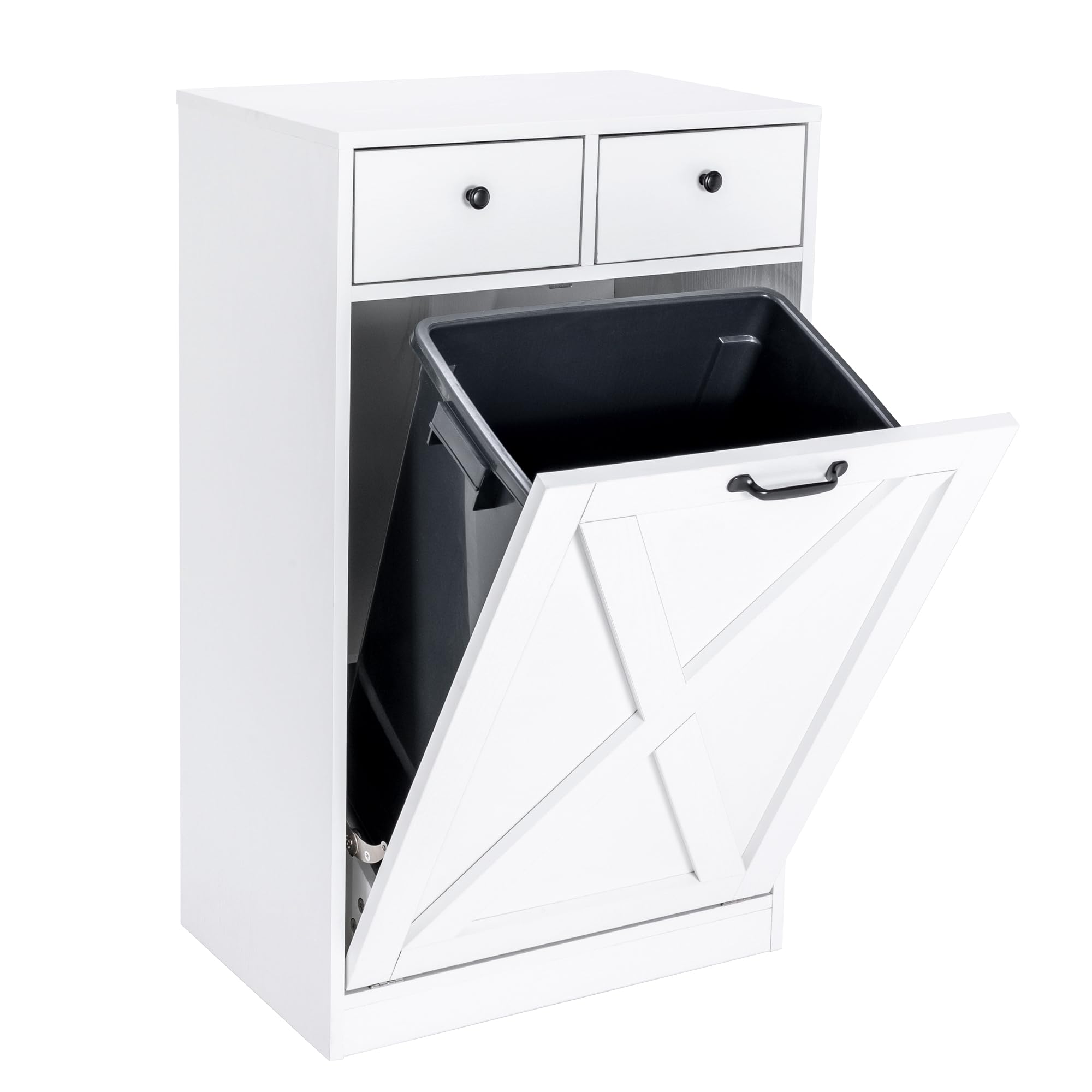 13 Gallon Tilt-Out Trash Cabinet with 2 Drawers - White Wooden Hidden Kitchen Recycling Storage - Free Standing Pet Proof Trash Can & Laundry Organizer - Perfect for Kitchens, Pantries & Utility Rooms