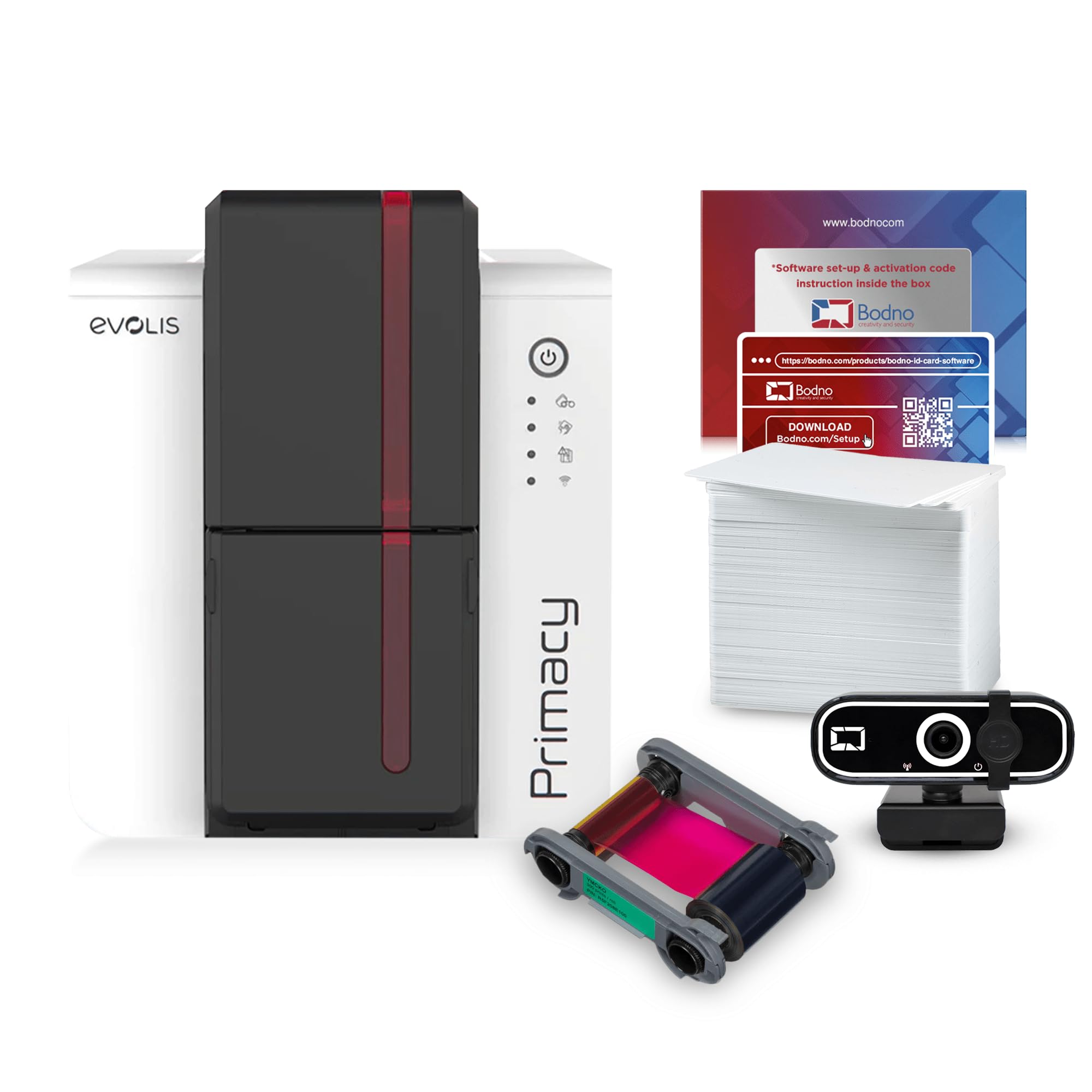 Bodno Evolis Primacy 2 Dual-Sided ID Card Printer with Complete Supplies Kit - Silver Edition | High-Quality ID Card Printing for Offices, Schools & Security Systems | Includes ID Software for Professional Badge Creation