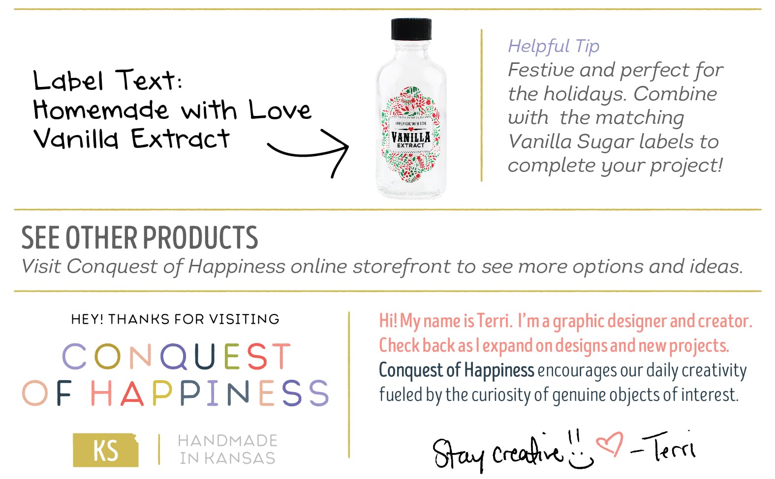Premium Homemade Vanilla Extract Labels with 2 oz Glass Bottles - Handcrafted by Conquest of Happiness - Perfect for Christmas Gifts, Holiday Baking & DIY Spice Jars (Pack of 12)