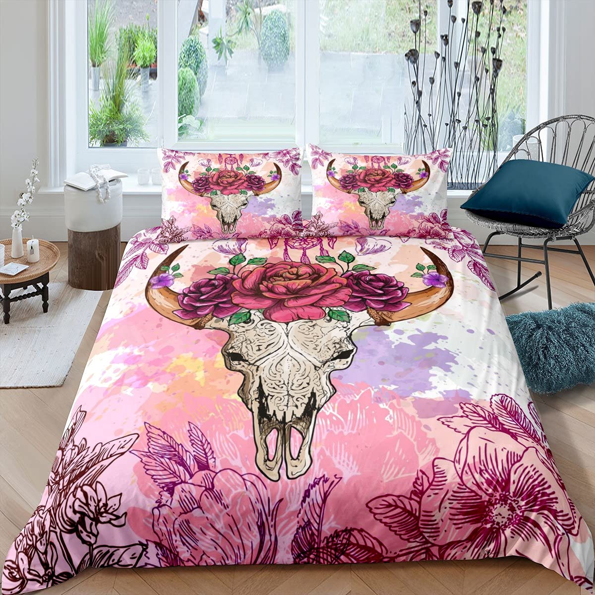 Pink Floral Bull Skull Dreamcatcher Duvet Cover Set - Soft Polyester Queen Size Bedding (1 Duvet Cover + 2 Pillowcases) for Kids & Teens - Perfect for Boho Chic Bedroom Decor, Girls Room Makeover or Western Theme Nursery