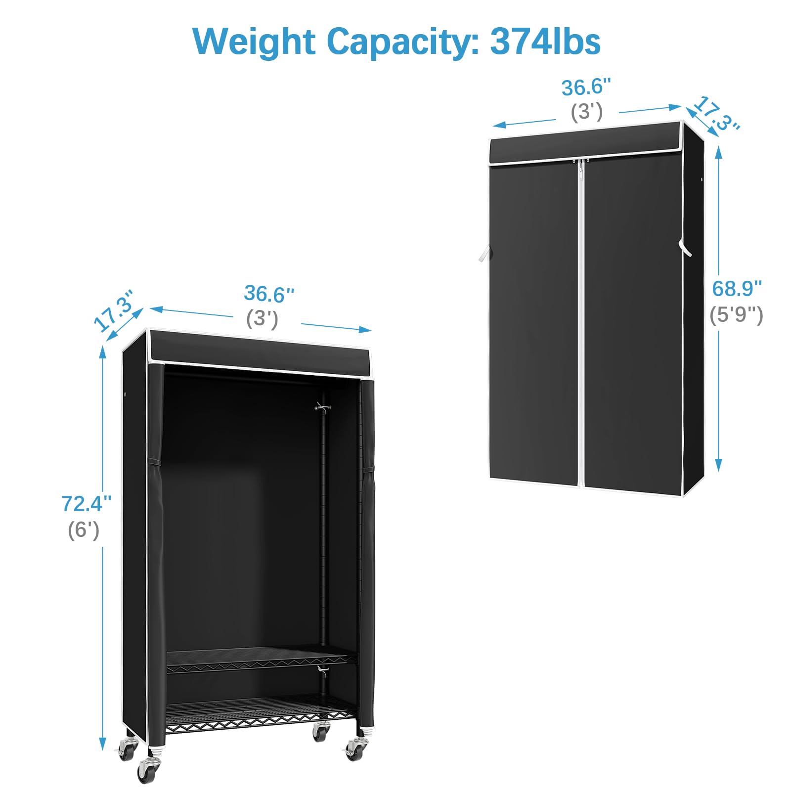 VIPEK R1C Heavy Duty Rolling Clothes Rack with Wheels & Cover - Portable Freestanding Garment Rack with Hanging Rod for Closet Organization (Black) | Perfect for Bedroom Storage, Laundry Room, and Mobile Clothing Displays