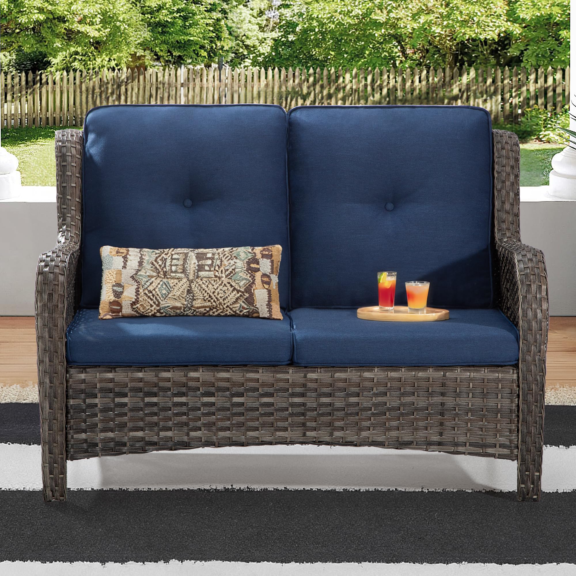 2-Seat Outdoor Patio Sofa with Wicker Frame, Deep Seating & High Back - Steel Structure & Olefin Cushions in Blue - Perfect for Garden, Deck, Poolside or Backyard Relaxation