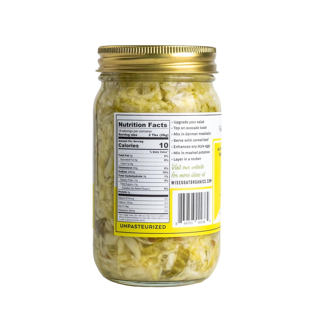 Organic Raw Fermented Probiotic Sauerkraut - Classic Flavor | Vegan, Gluten-Free, Non-GMO, Gut-Healthy | 16oz Glass Jar by Wise Goat Organics | Perfect for Gut Health, Sandwiches & Salads